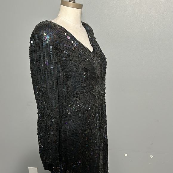 Vintage Silk Sequeen Black Midi Dress with Silk Lining w Slit Made in India M- L - Picture 6 of 17
